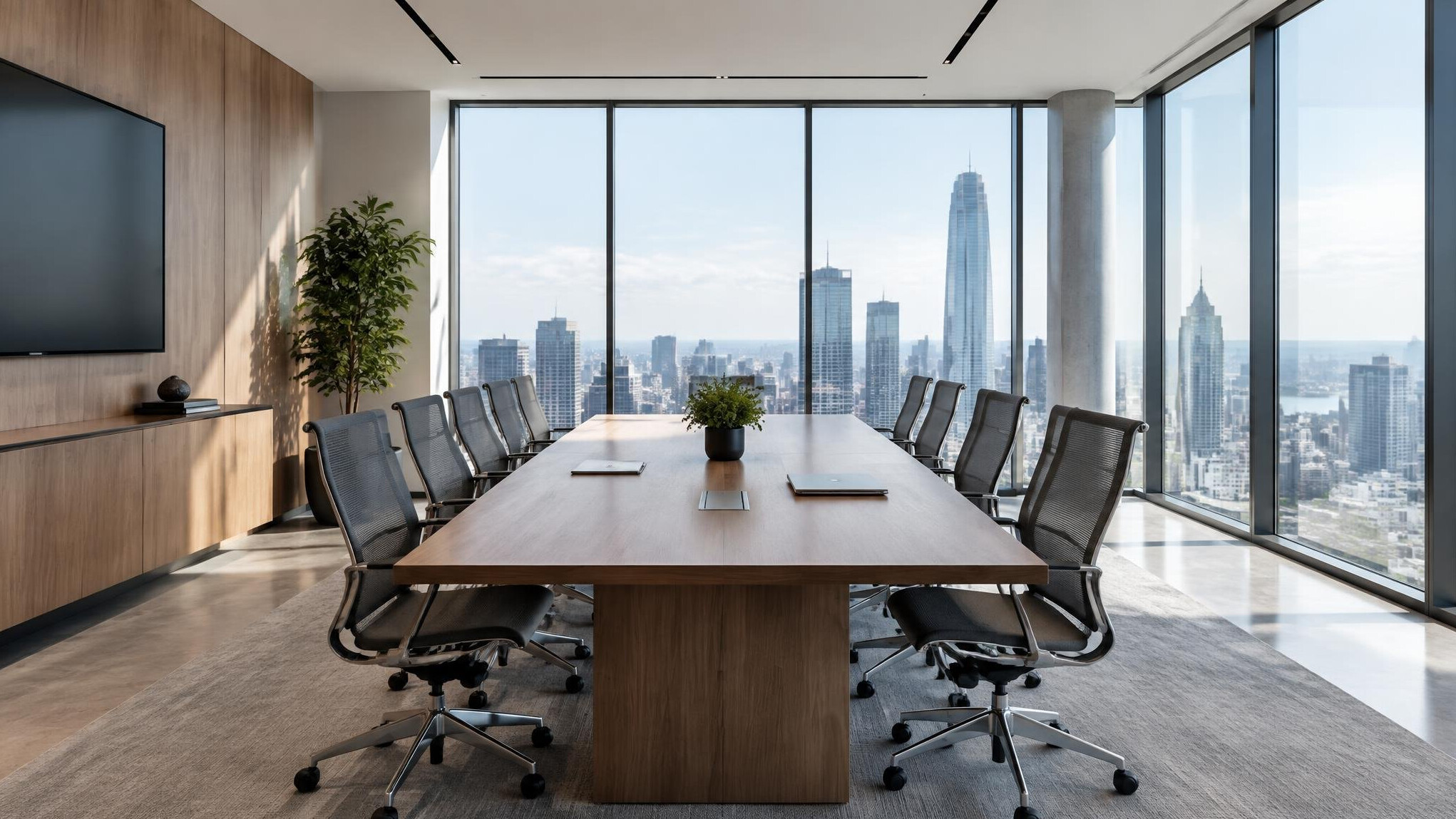Modern conference room with a long table and city view