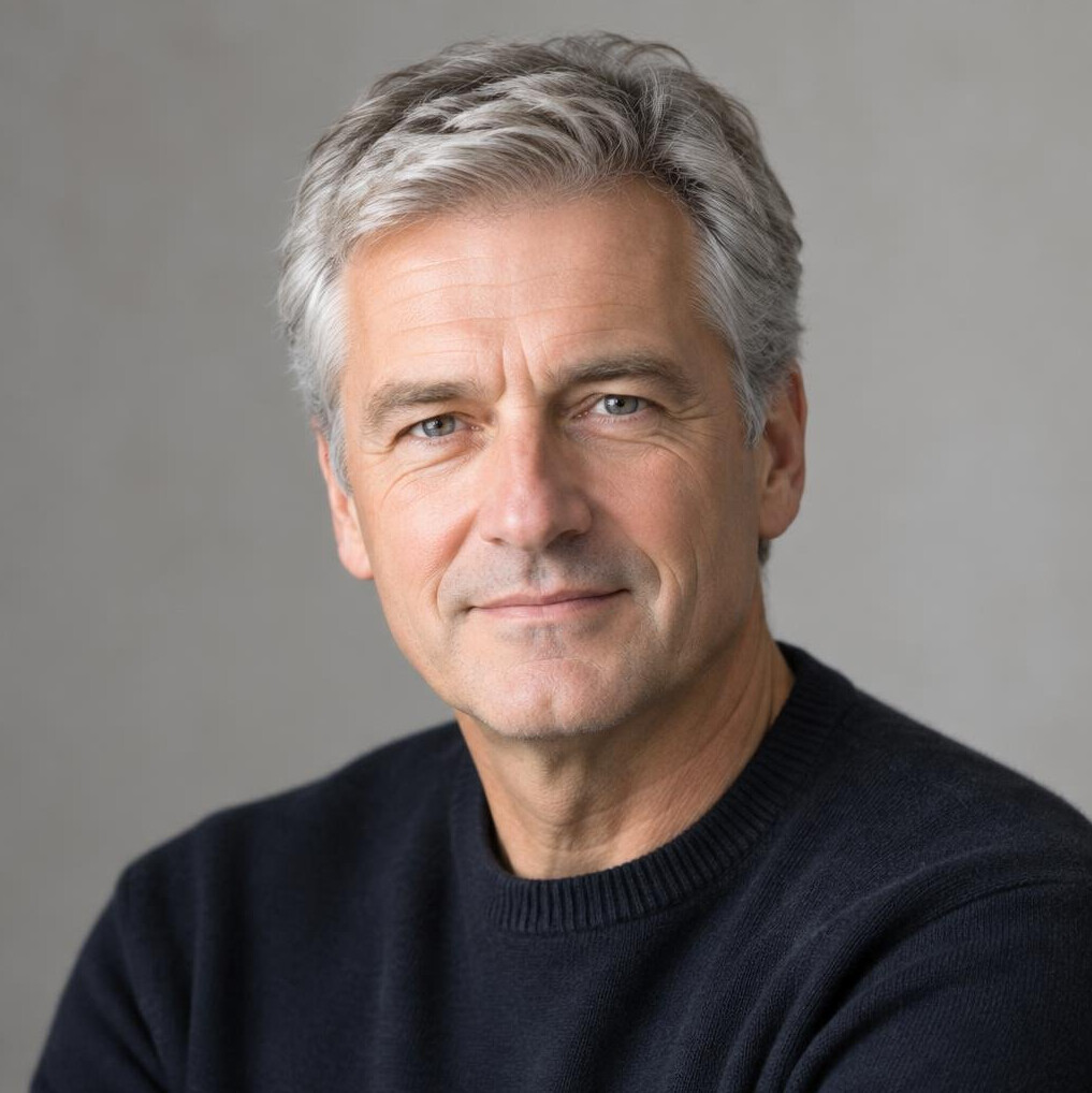 Studio portrait of an older Belgian man with grey hair